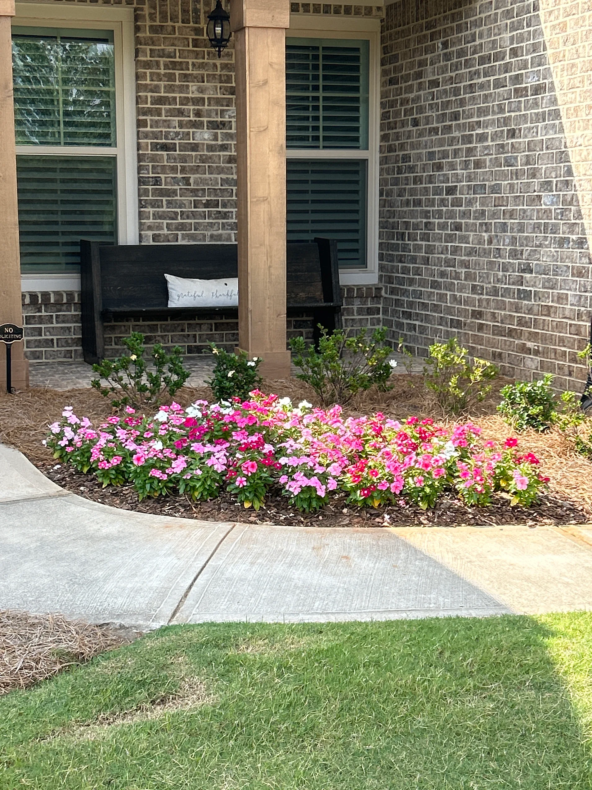 Colorful flower bed planted beneath the windows of a brick home