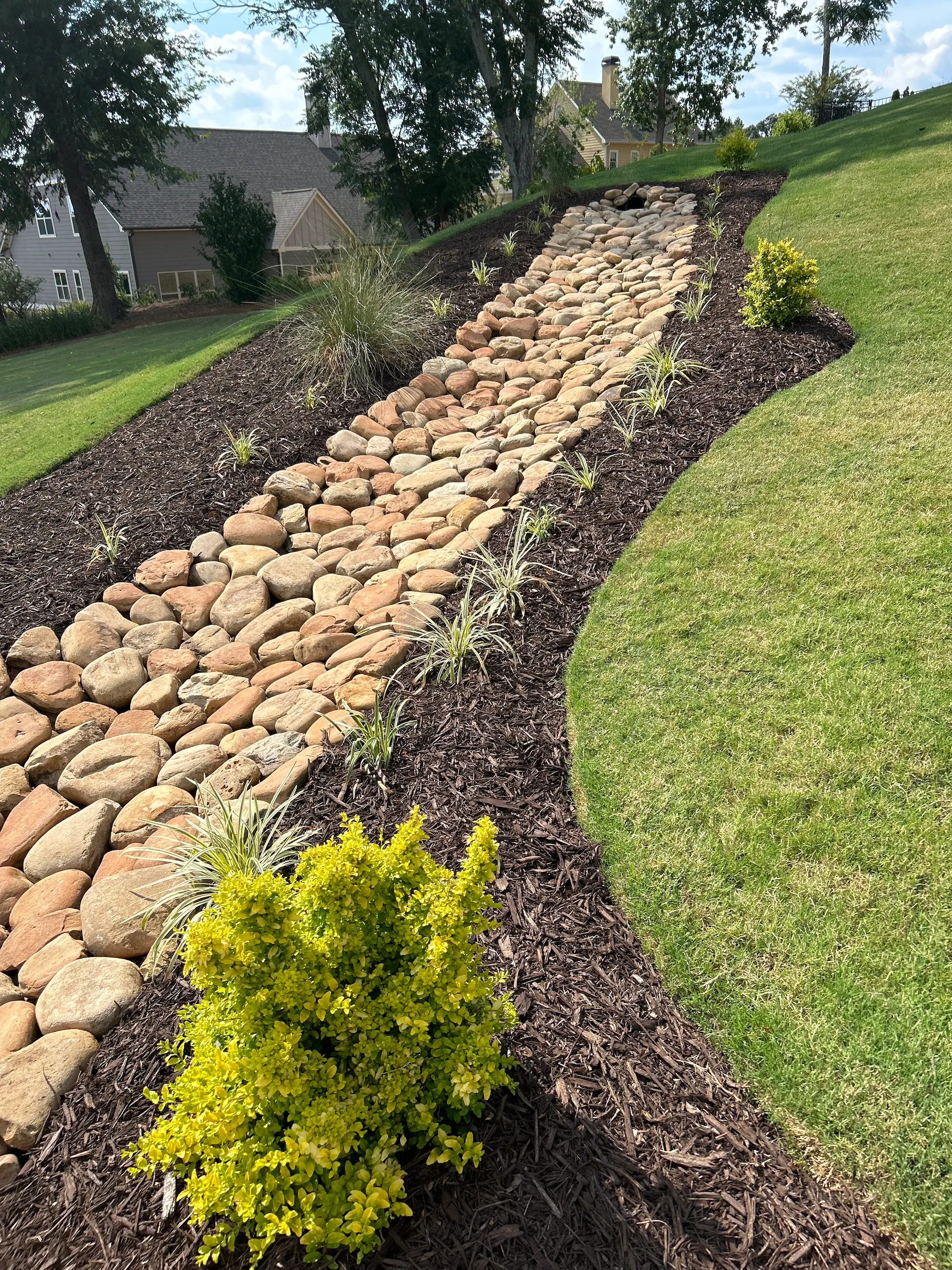 Landscaped river rock channel winding through a green residential lawn