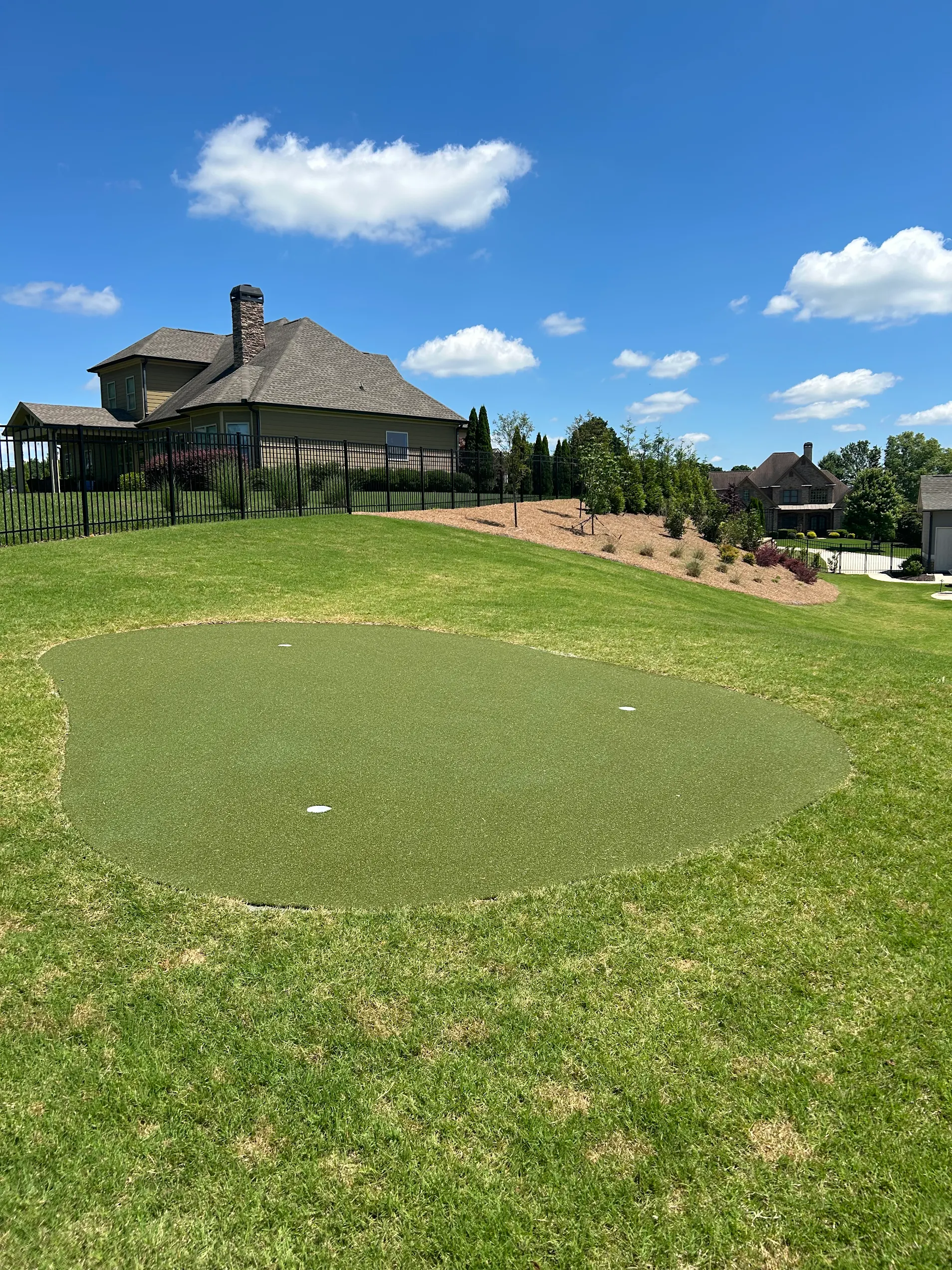 Residential putting green overlooking a landscaped backyard